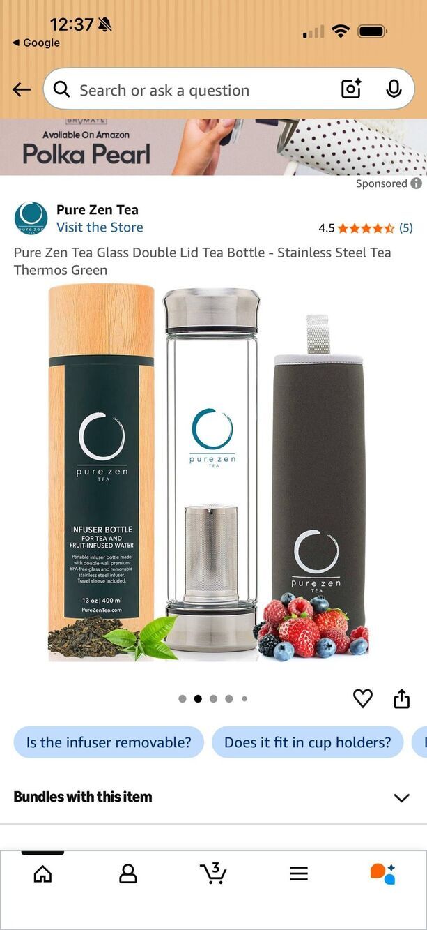 Pure Zen Tea Glass Infuser Bottle 13 oz 400ml Double Wall NWT BPA Free